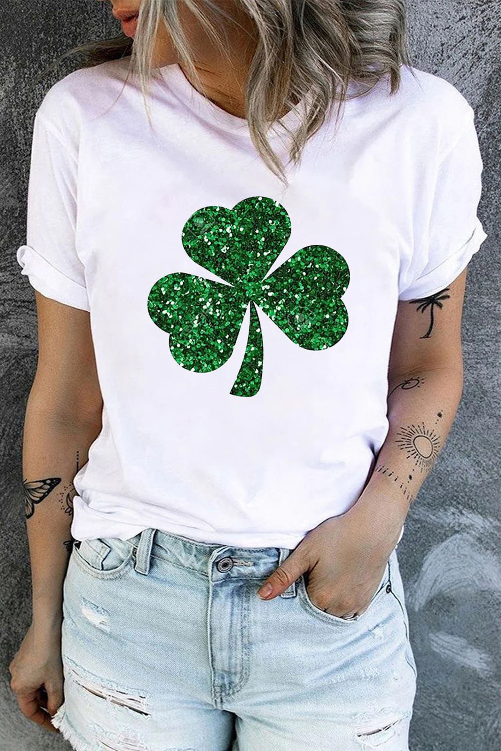 St. Patrick's Day Clover Graphic Round Neck Casual T-Shirts。