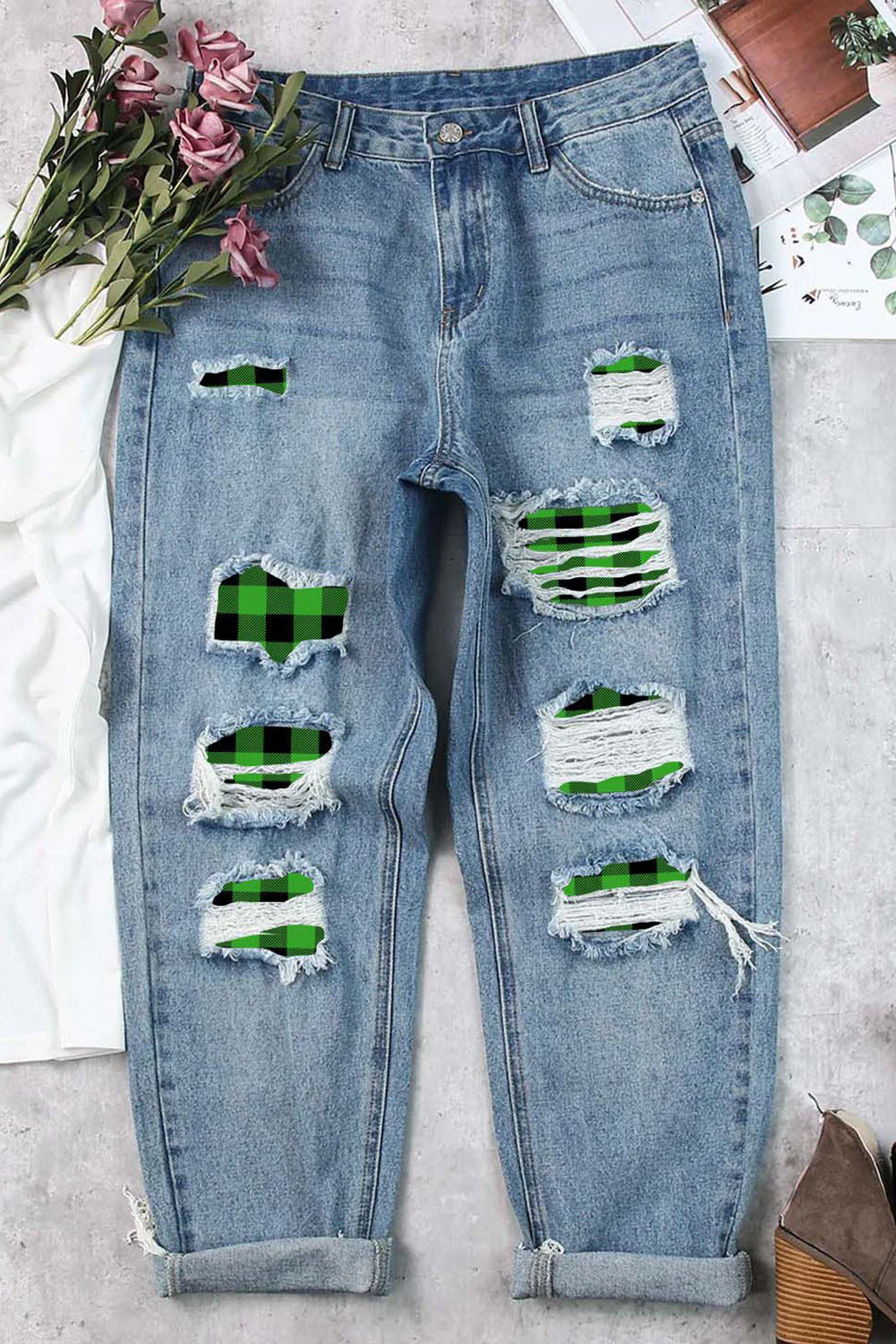 Green Plaid Shift Casual Ripped Jeans