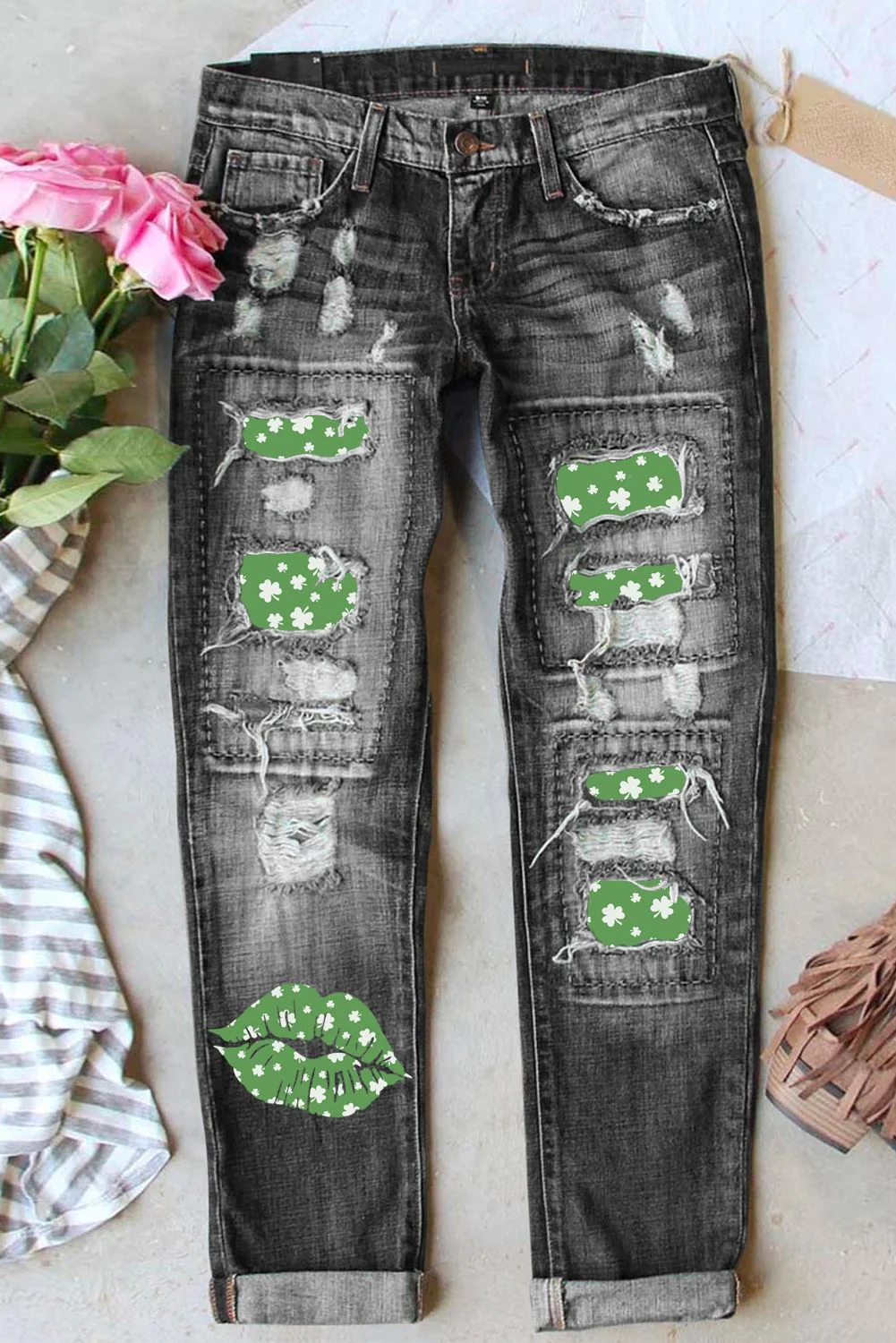 St. Patrick's Day Clover Shift Casual Ripped Jeans