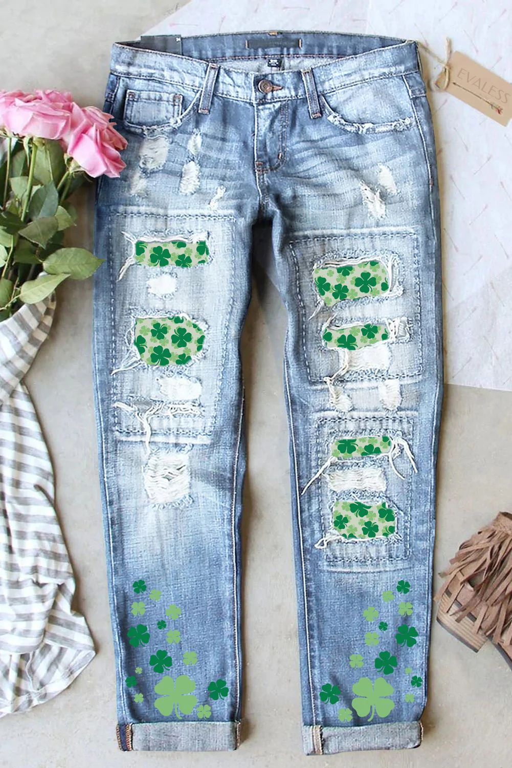 Saint Patrick's Day Shamrock Ripped Casual Jeans.