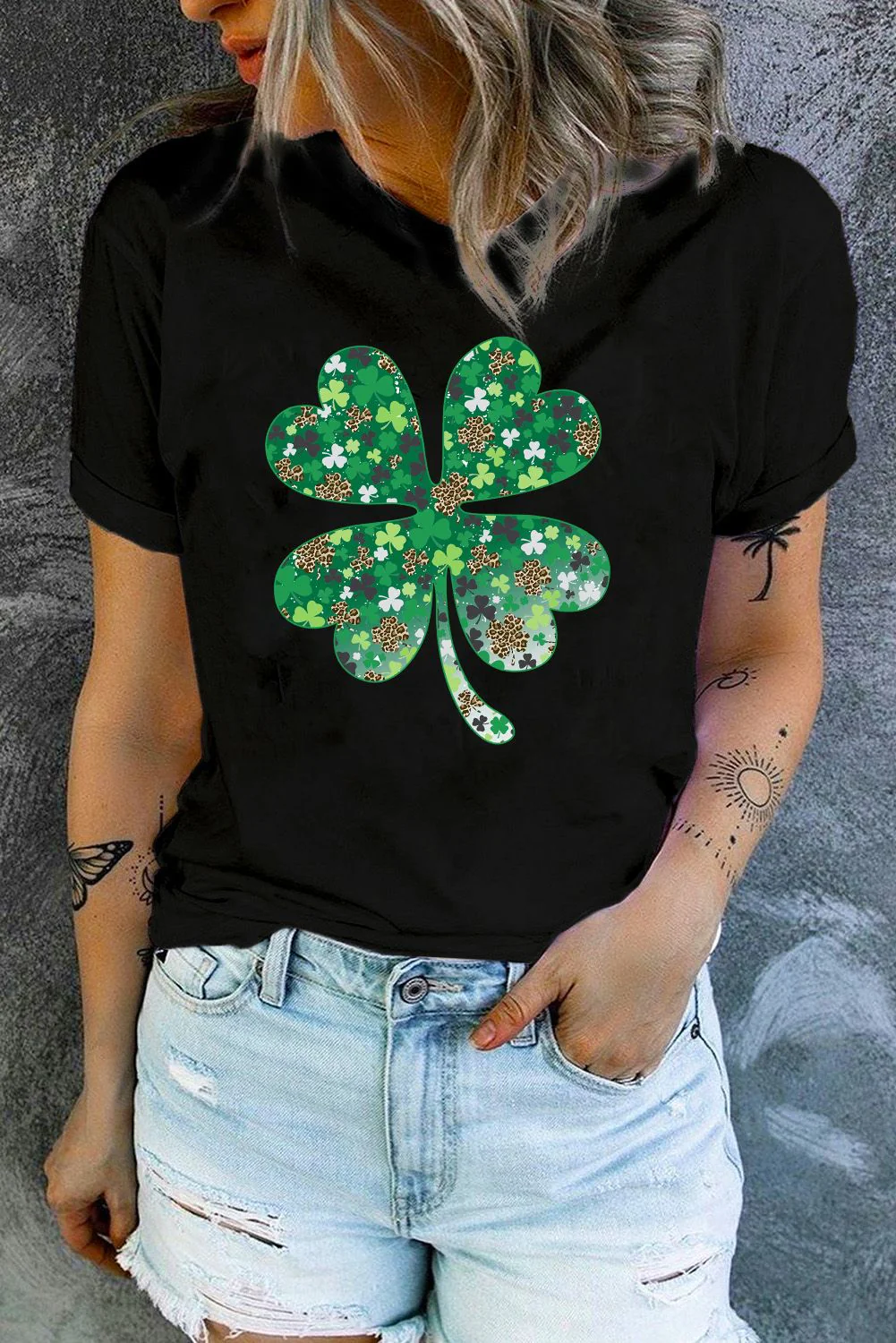 Shamrock Solid Floral Round Neck  Casual T-Shirts.