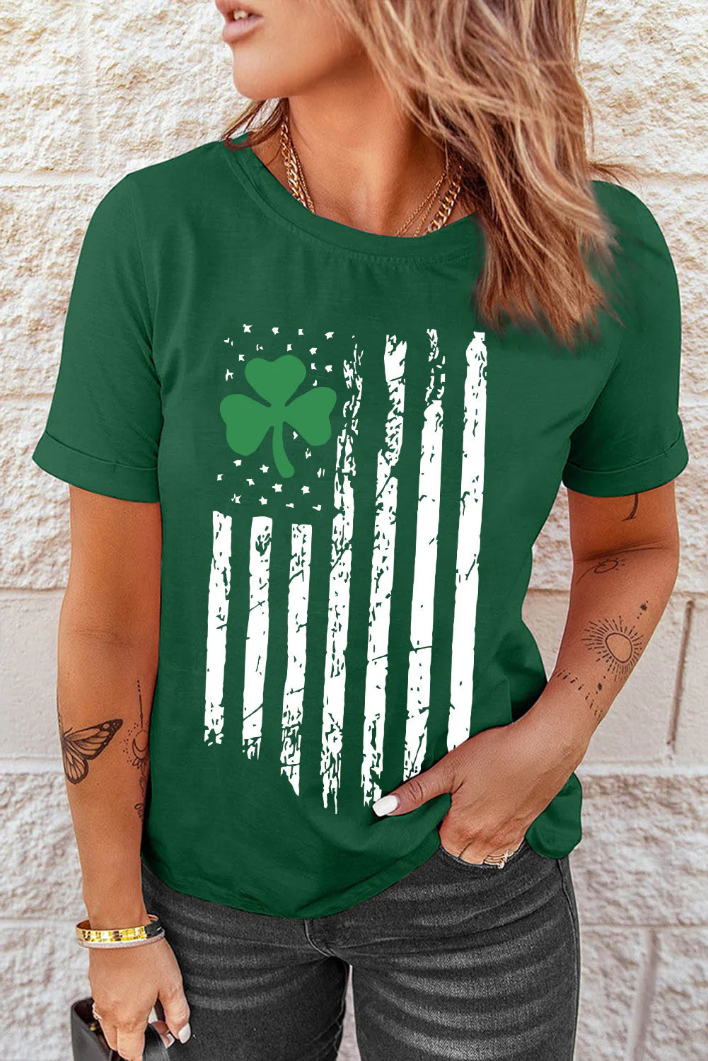 American Flag Shamrock Graphic Round Neck Shift Casual T-Shirts。