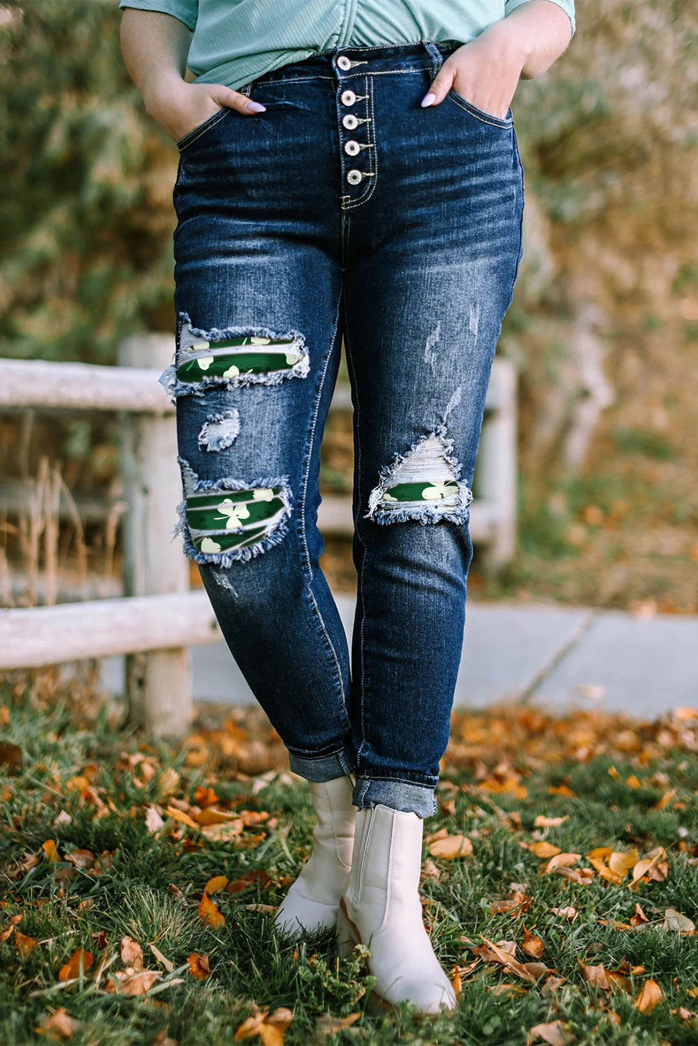 St. Patrick's Day Clover Sheath Casual Ripped Jeans.