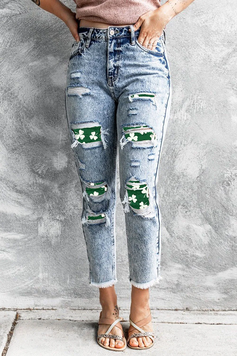 Clover Graphic Distressed Slim-fit Jeans.