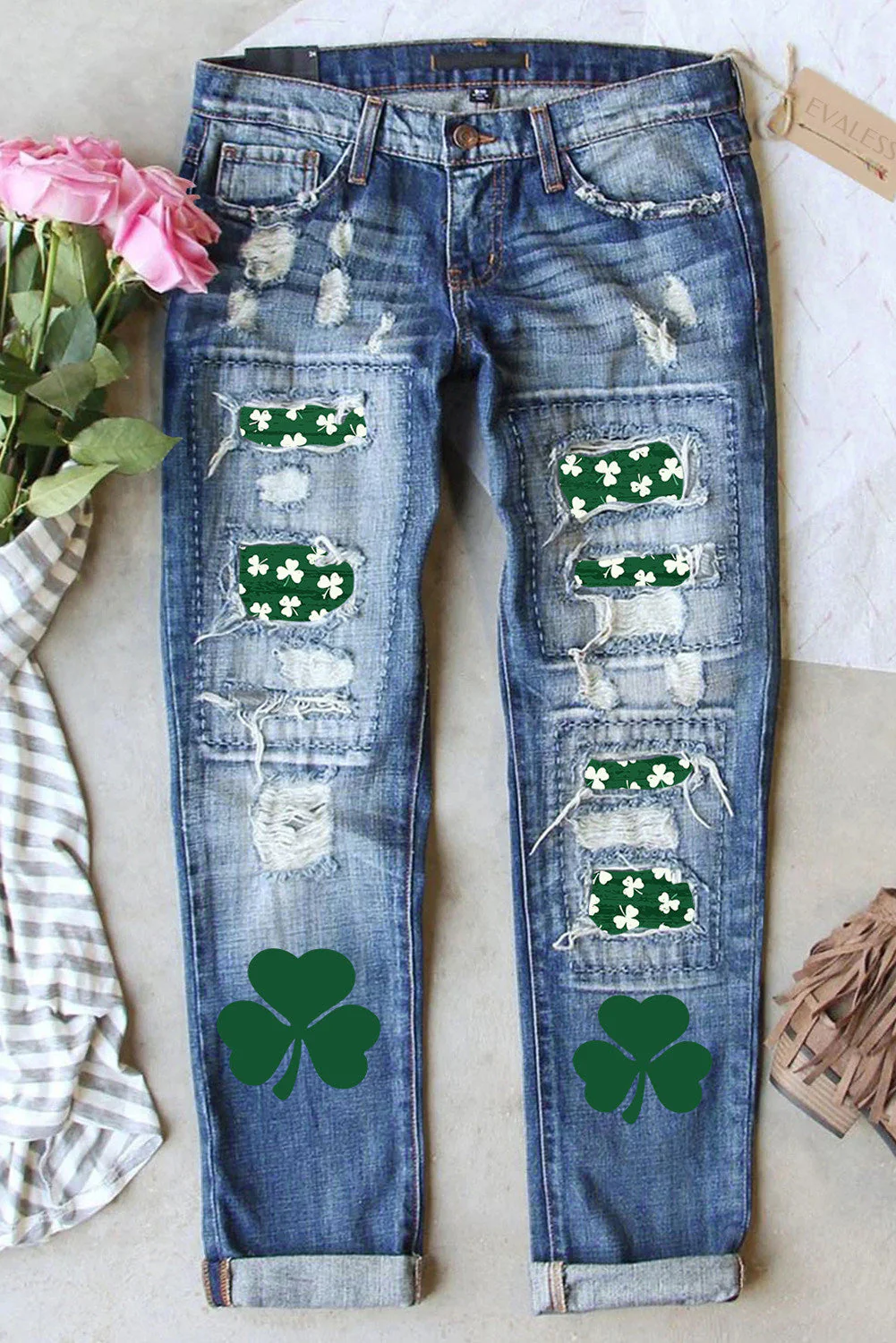 St. Patrick's Day Clover Graphic Casual Ripped Jeans.