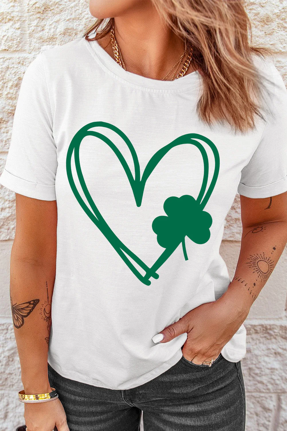 Green Clover Heart-shaped Round Neck Shift Casual T-Shirts.