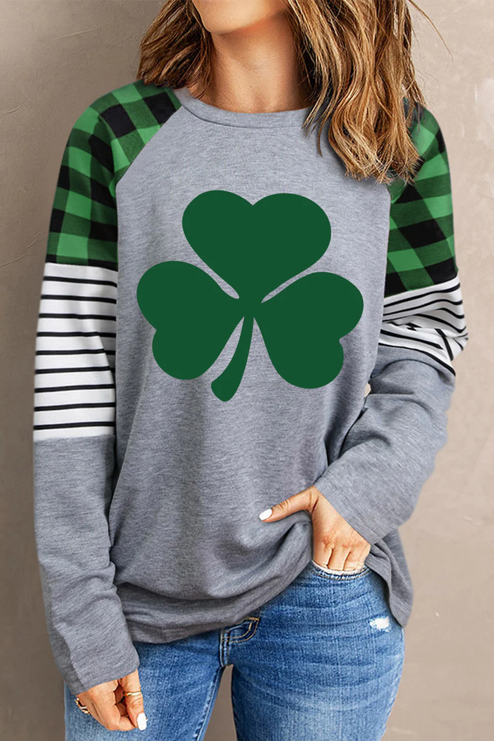 St. Patrick's Day Clover Striped Plaid Round Neck Shift Casual Sweatshirt.