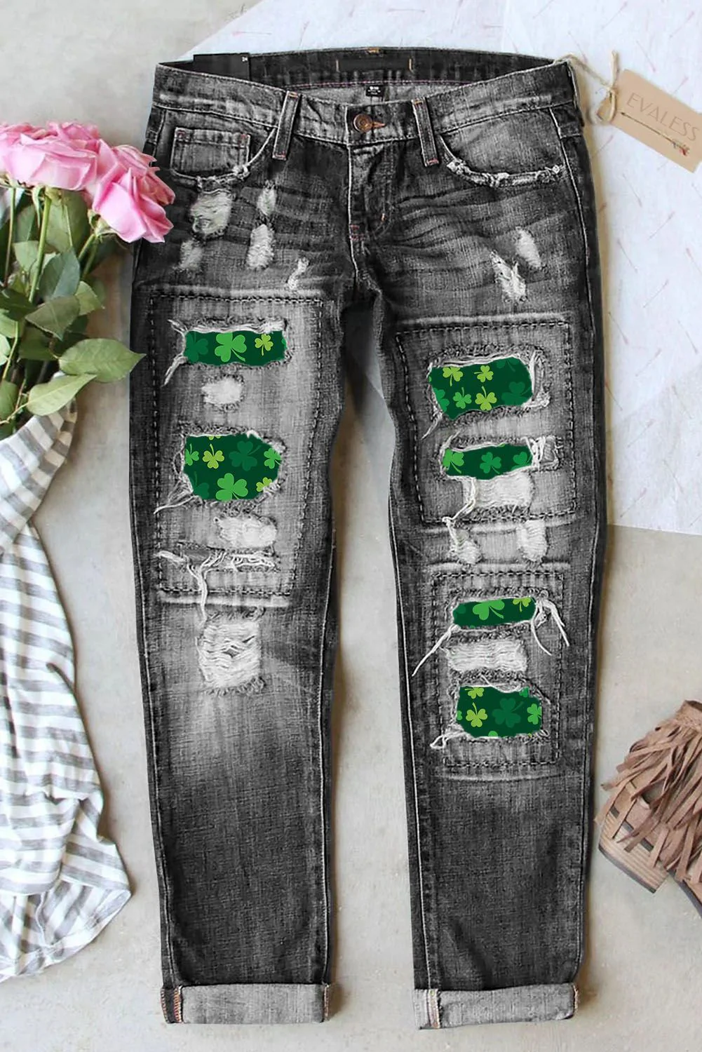 St. Patrick's Day Shamrock Graphic Casual Ripped Denim Jeans.