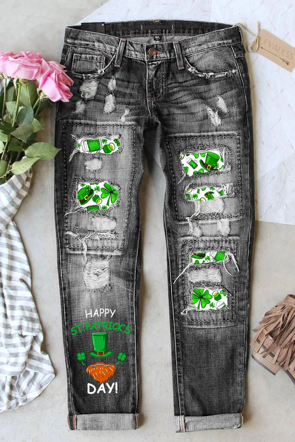 St. Patrick's Day Hat Graphic Casual Mid Waist Ripped Jeans.