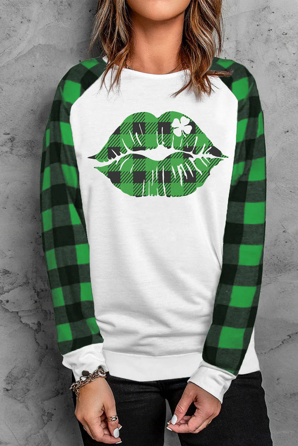 Green Plaid Raglan Sleeve Sweatshirt.