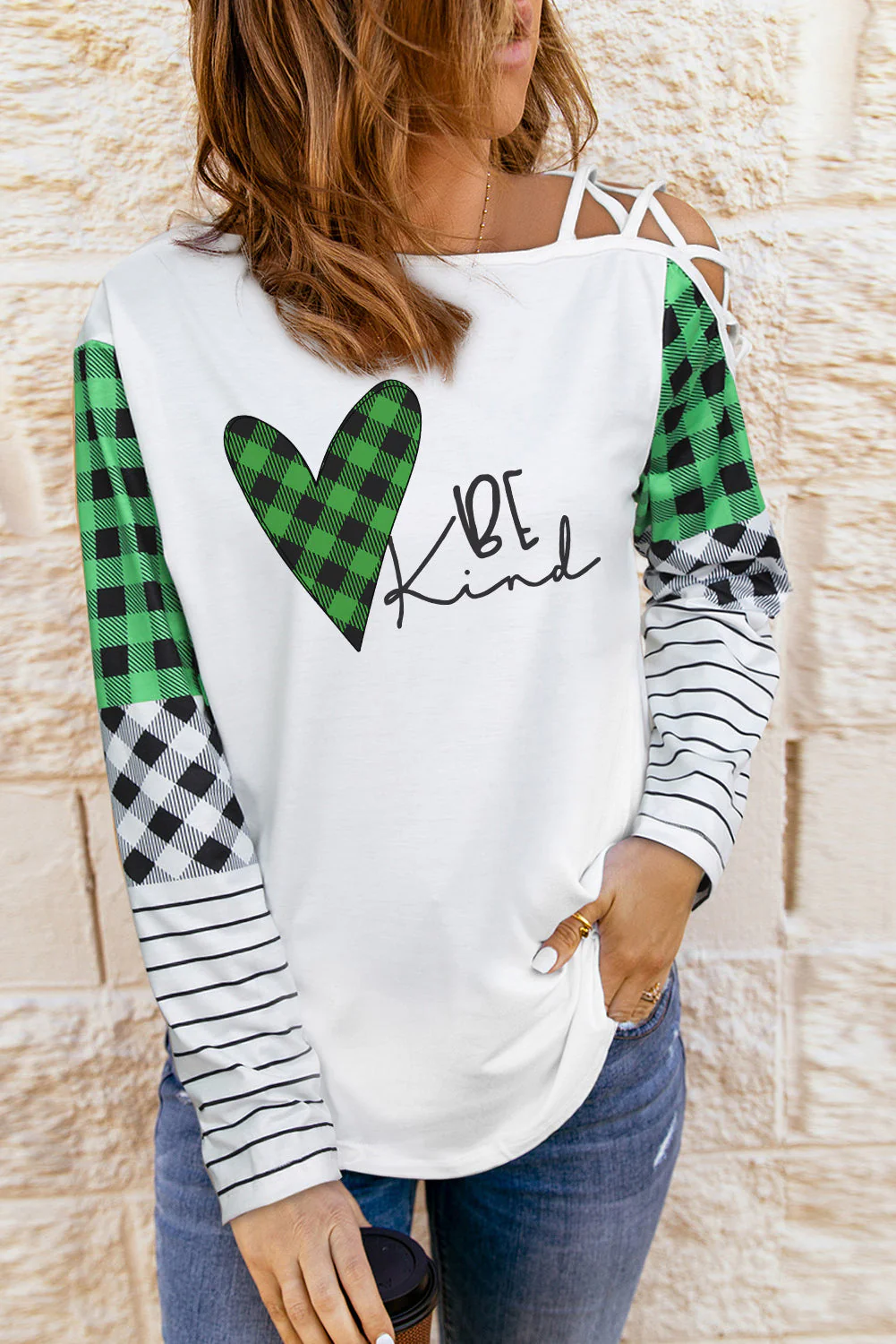 Green Plaid Casual 	Raglan Sleeve T-shirt。