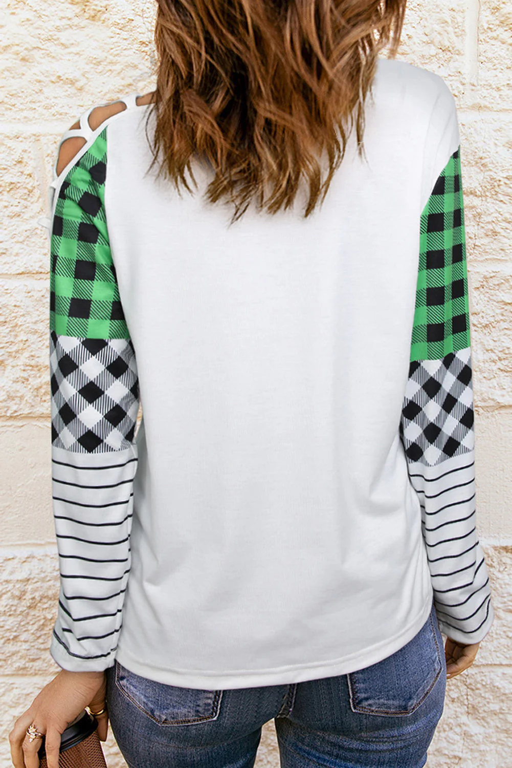 Green Plaid Stripe Casual T-shirt。