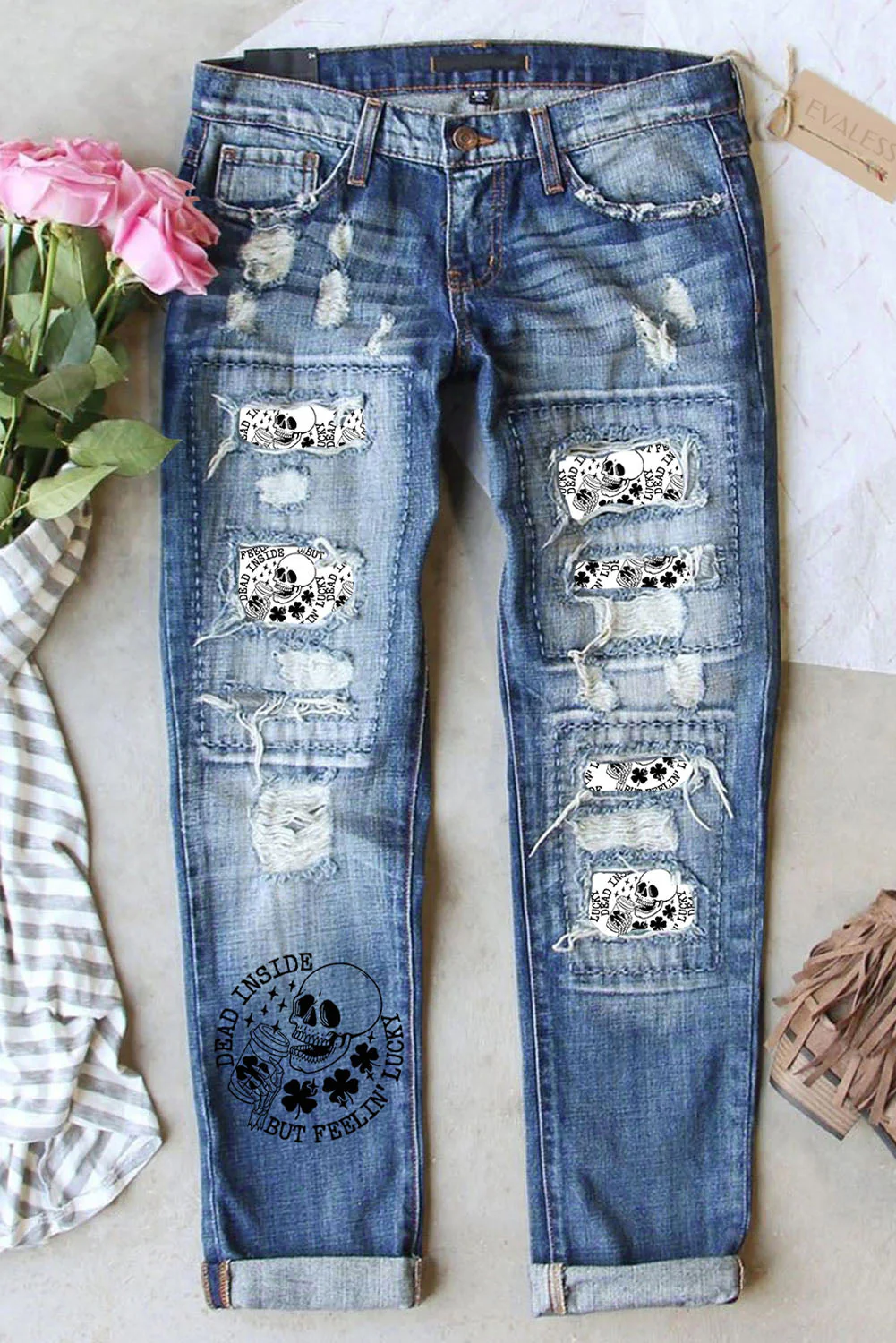 Skull Shift Casual Ripped Jeans