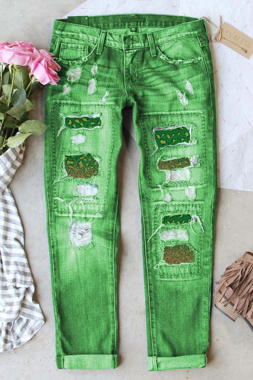 Green Leopard Graphic Ripped Casual Denim Jeans.