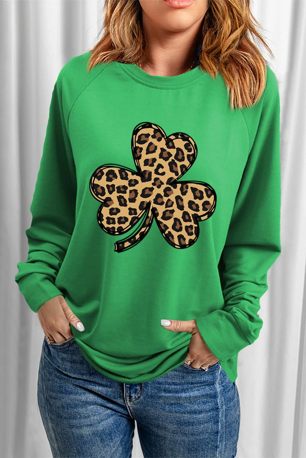 St. Patrick's Day Leopard Clover Graphic Round Neck Shift Sweatshirt.