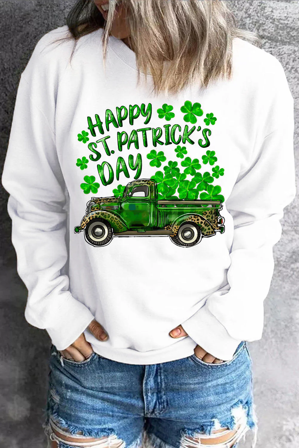 Shamrock  Happpy St. Patrick's Day Clover  Round Neck Casual pullover sweatshirt.