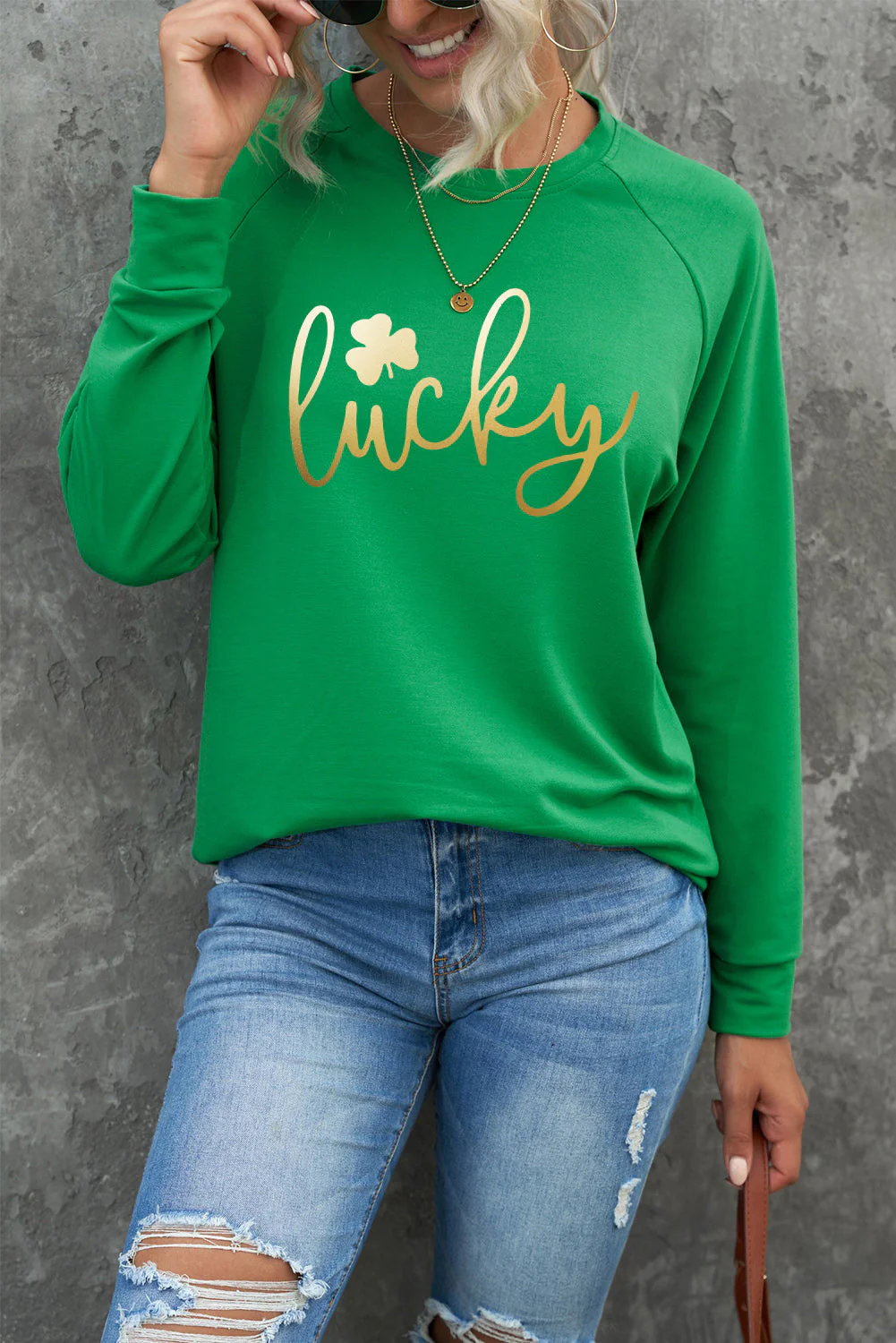 Glitter Clover Lucky St. Patrick's Day Round Neck Shift Casual sweatshirt.