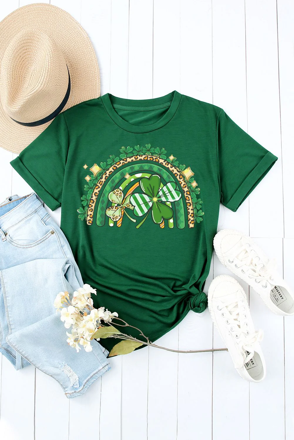St. Patrick's Day Clover Rainbow Round Neck Shift Casual T-Shirts。
