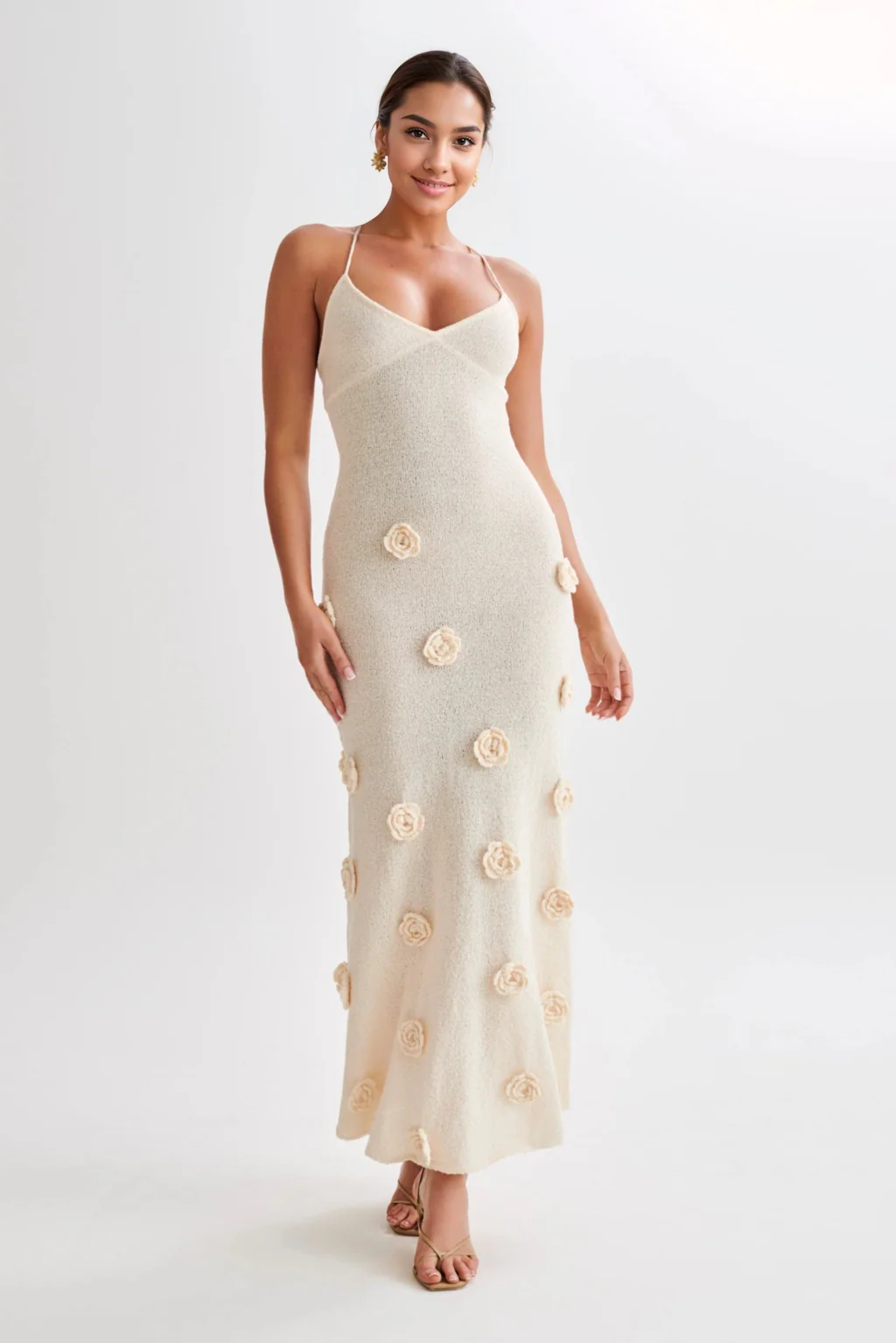 Grace Suki Crochet Maxi Dress With Flowers - Nude