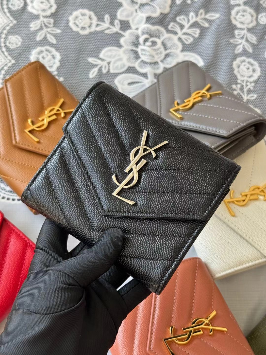 YSL Monogram Trifold Wallet in Grained Leather