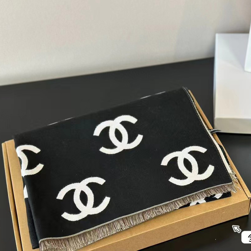 Chanel Black & White CC Logo Wool Blend Scarf