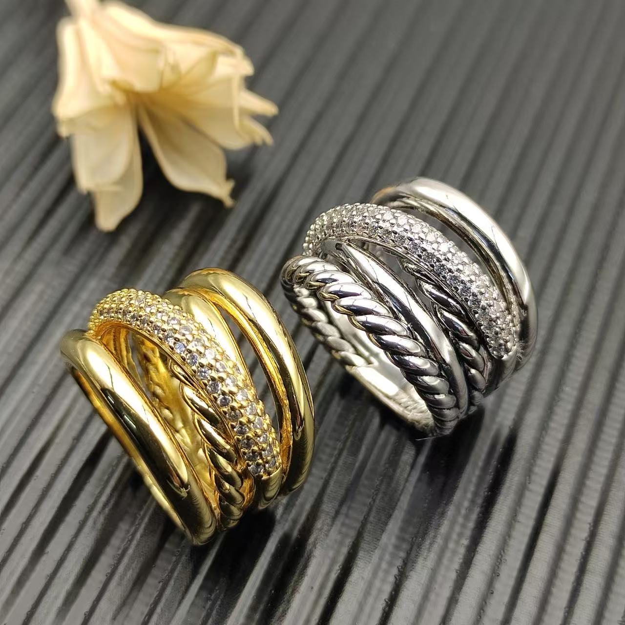 David Yurman 17.5mm silver five-thread cross-diamond ring