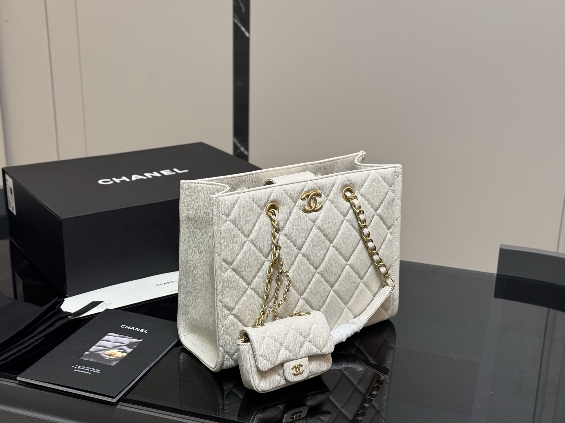 Chanel tote shopping bag and mini small bag set