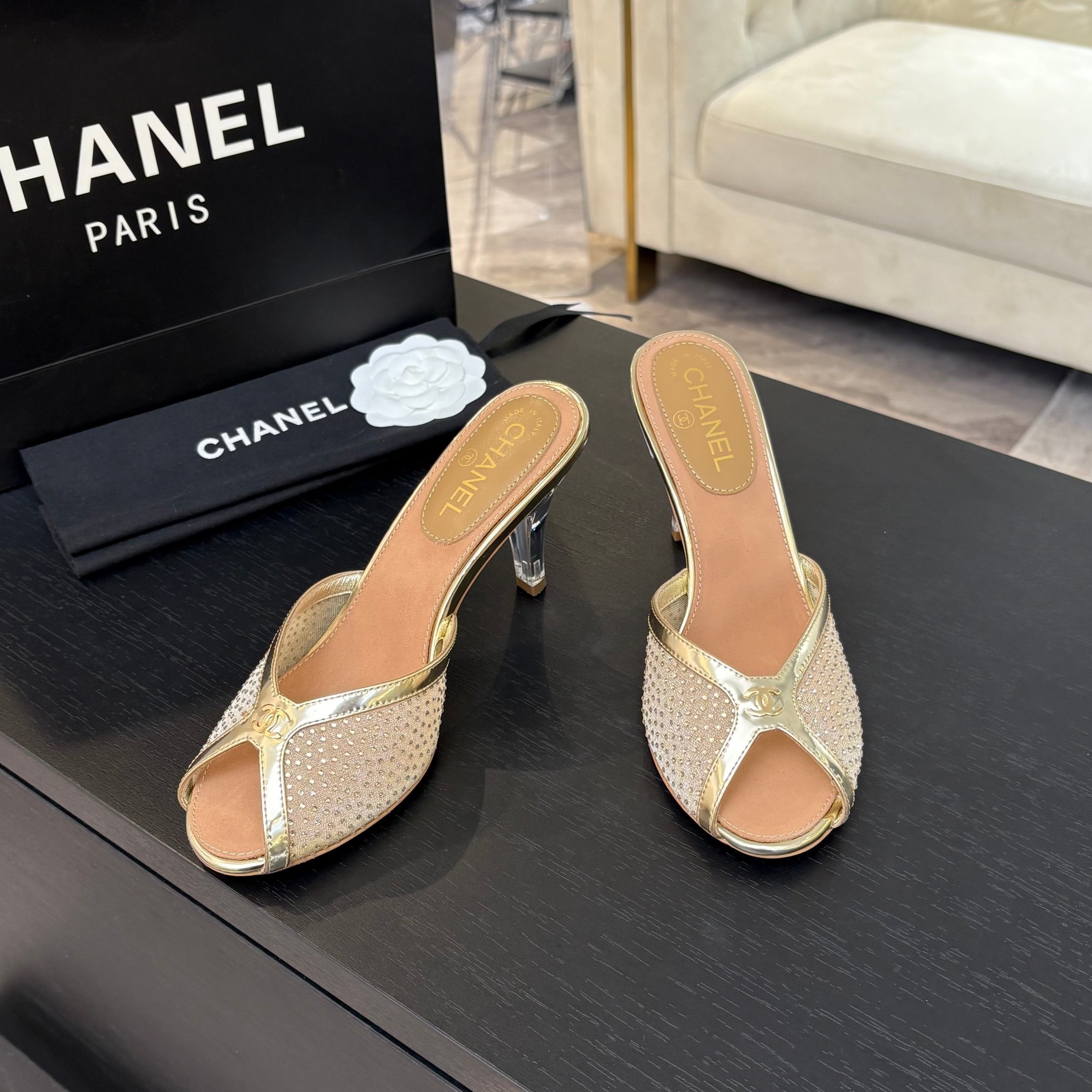 Chanel Net mesh lace high-heeled slippers