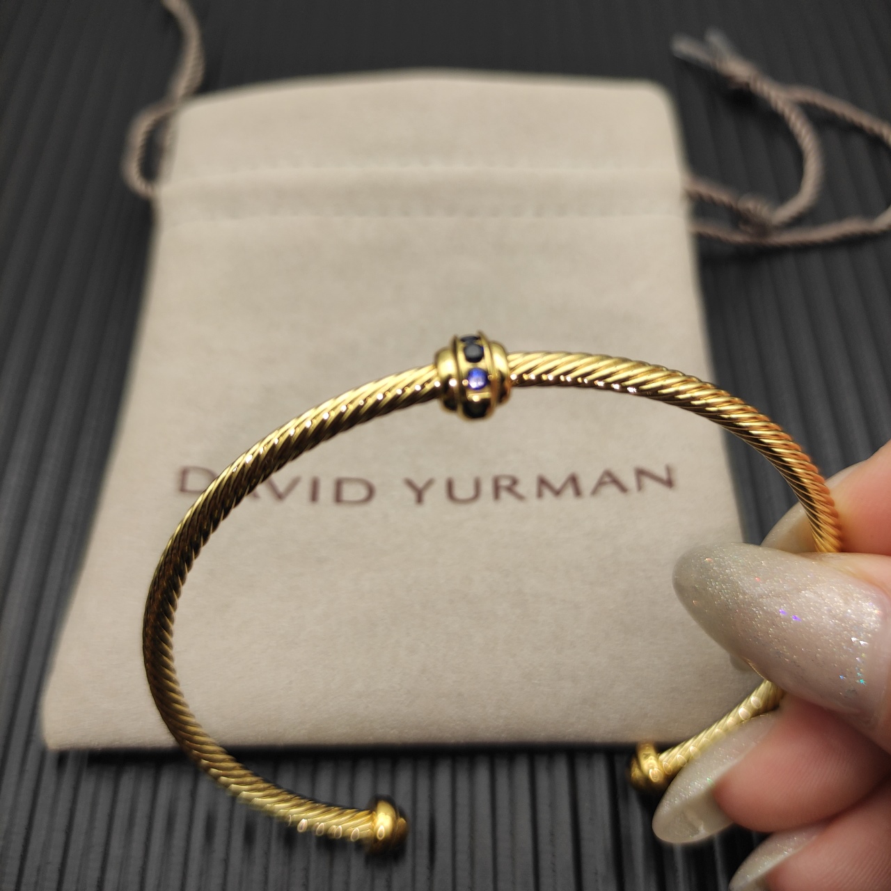 David Yurman Gold 3mm round bead blue diamond bracelet