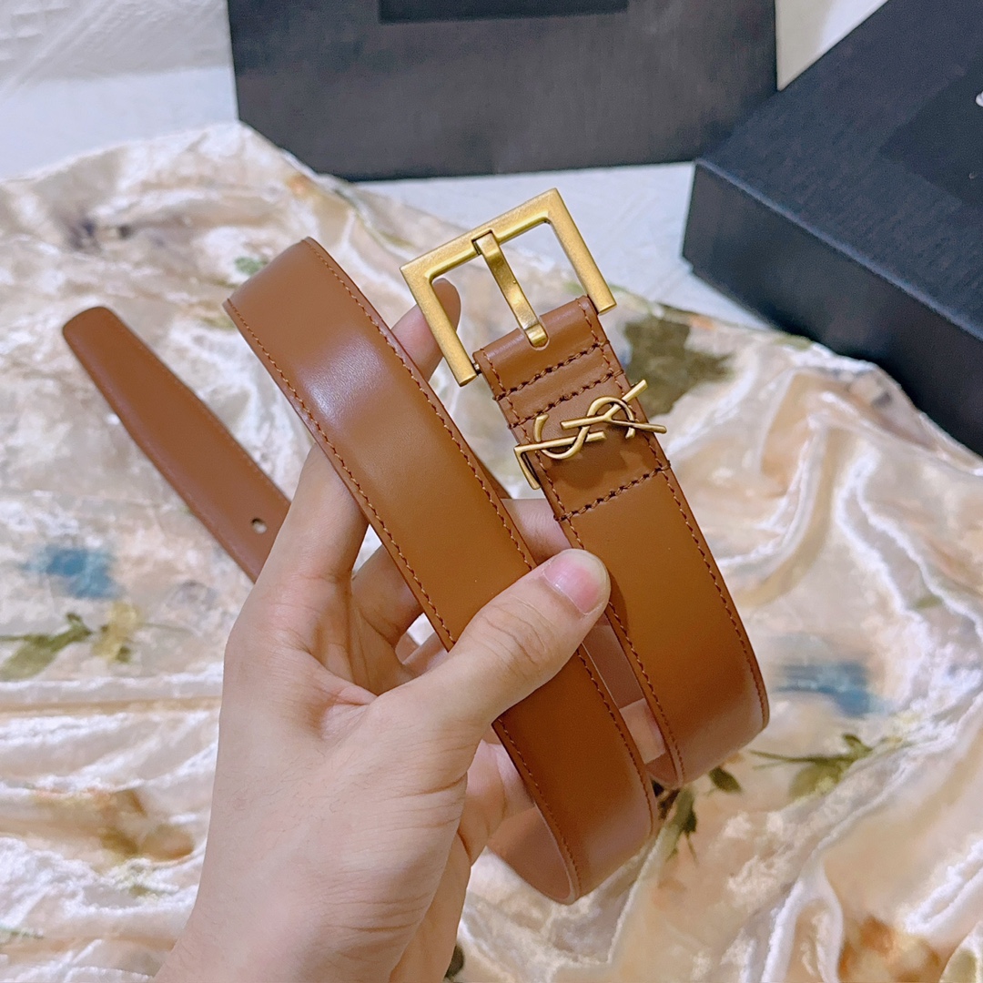 YSL Saint Laurent square buckle belt with CASSANDRE logo belt loop.