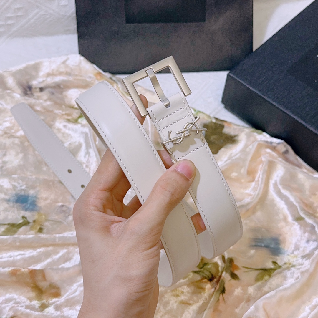 YSL Saint Laurent square buckle belt with CASSANDRE logo belt loop.