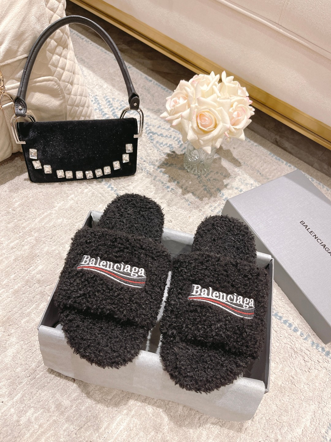 Balenciaga wool slippers with political campaign logo embroidery