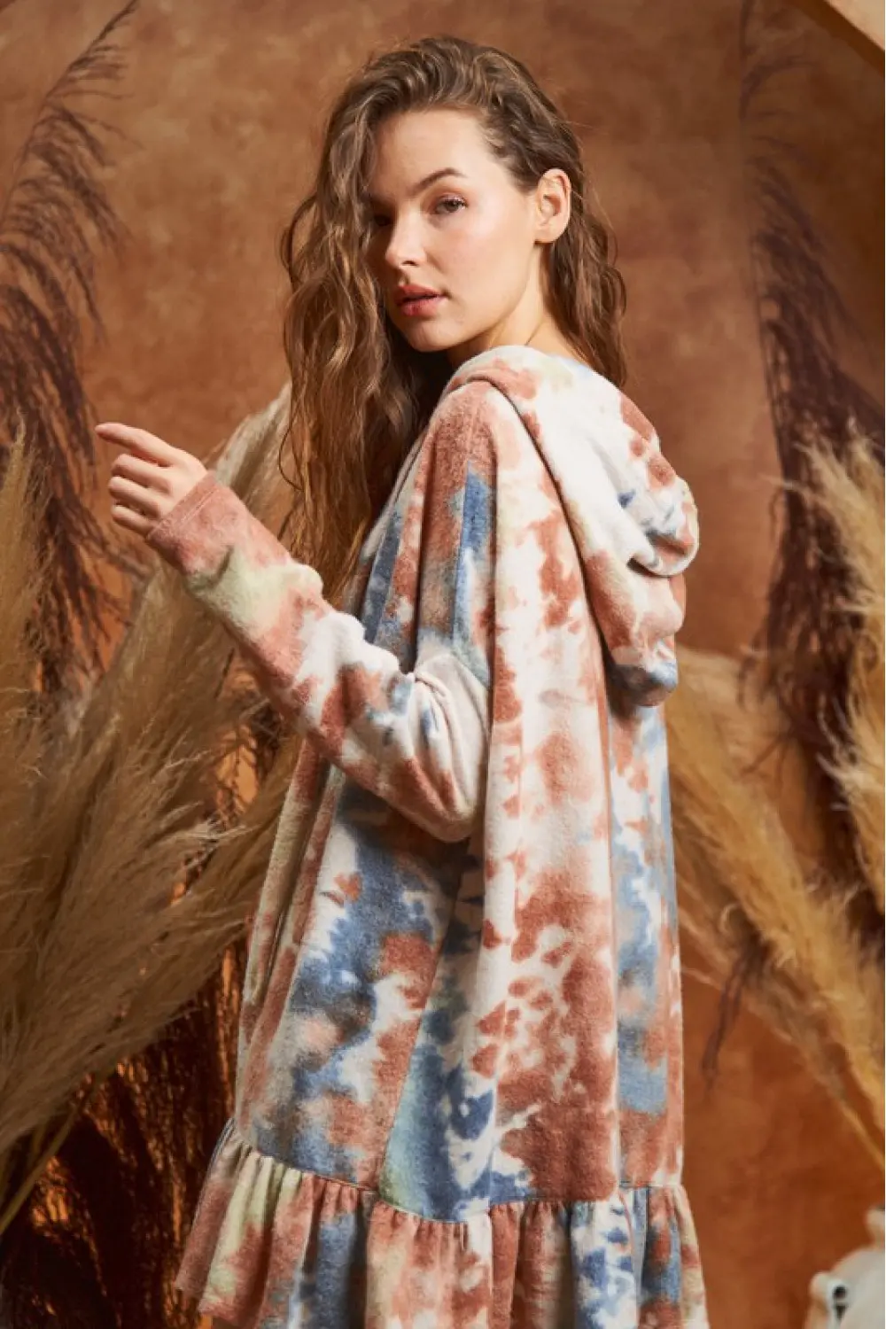 Plus Size Fluffy Tie Dye Hoodie with Ruffled Hem Loungewear Tunic