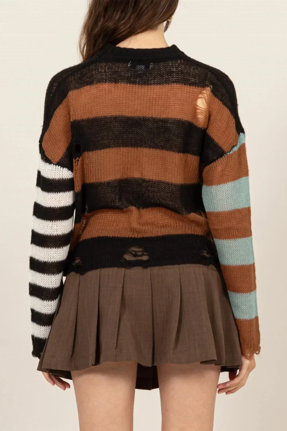 Colorblock Daisy Floral Print Distressed Mock Neck Lightweight Sweater