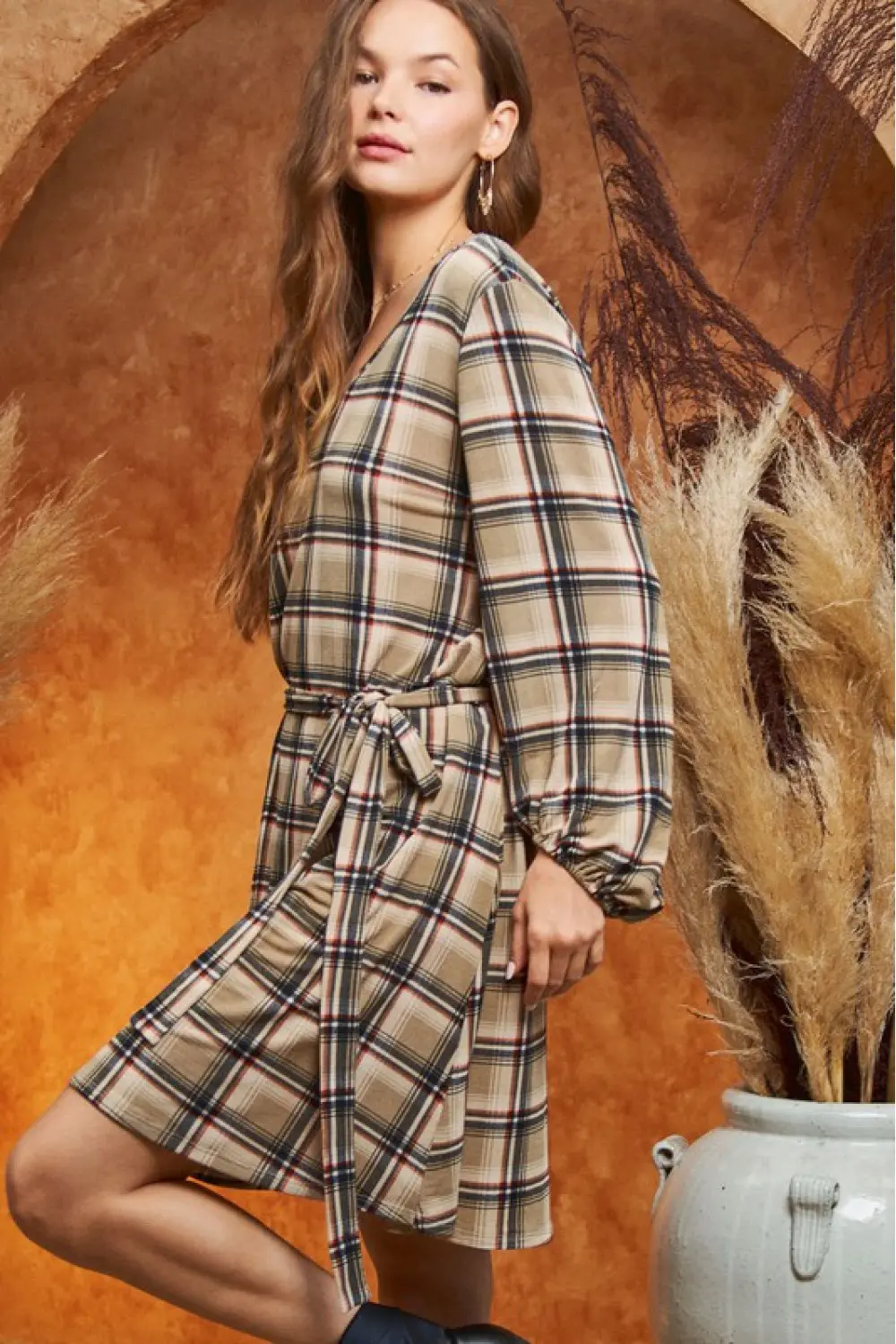 Plus Size Western Plaid Balloon Sleeves Boutique Fall Fashion Dress