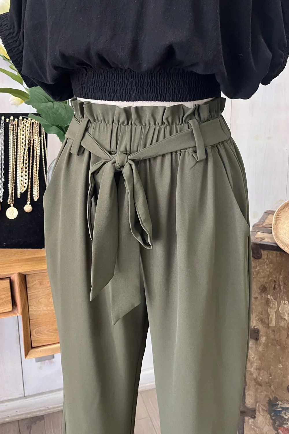 High Waisted Paperbag Waist Tie Belt Cropped Pants Trendy Trousers
