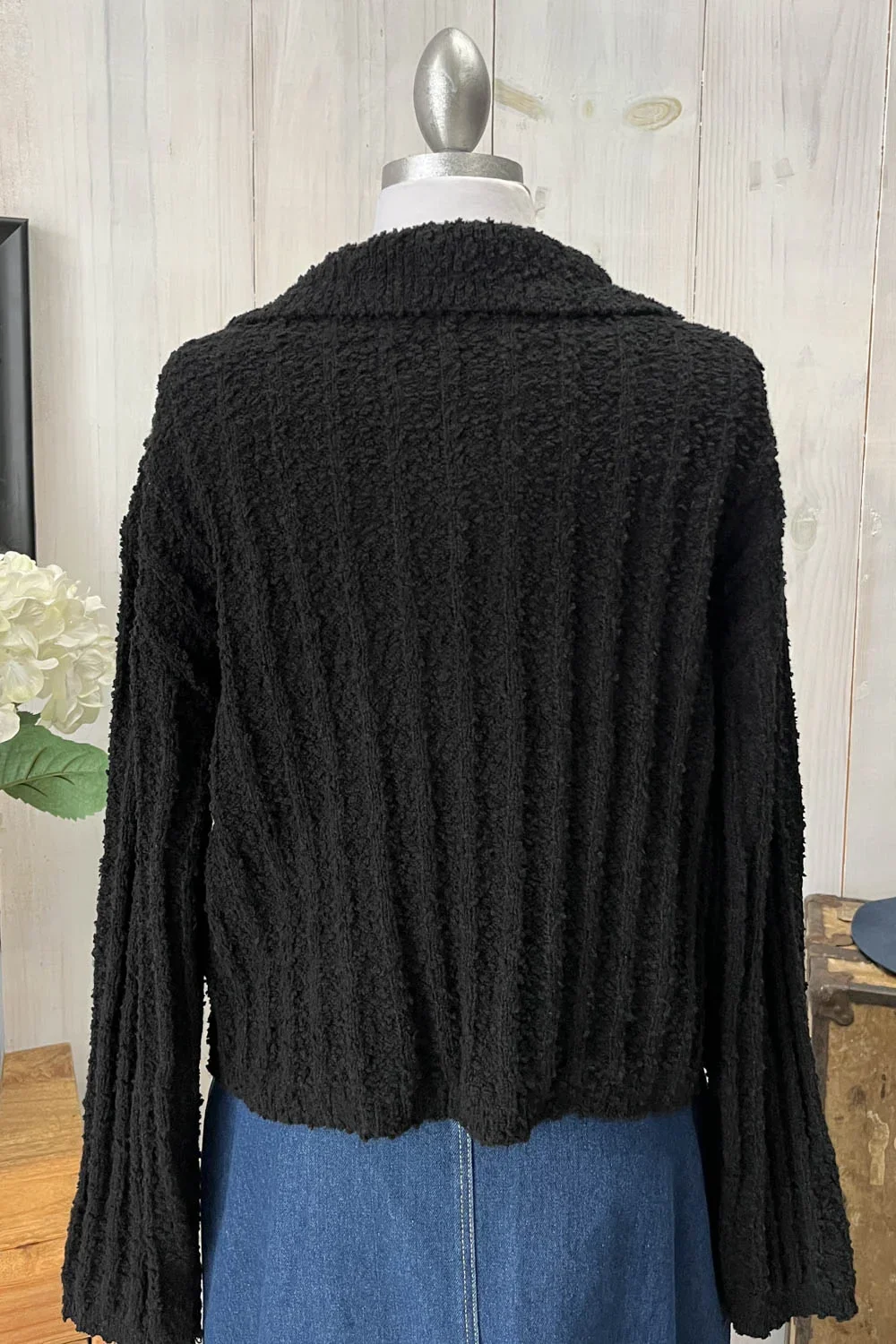 Ribbed Knit Collared Cropped Textured Fall Sweater