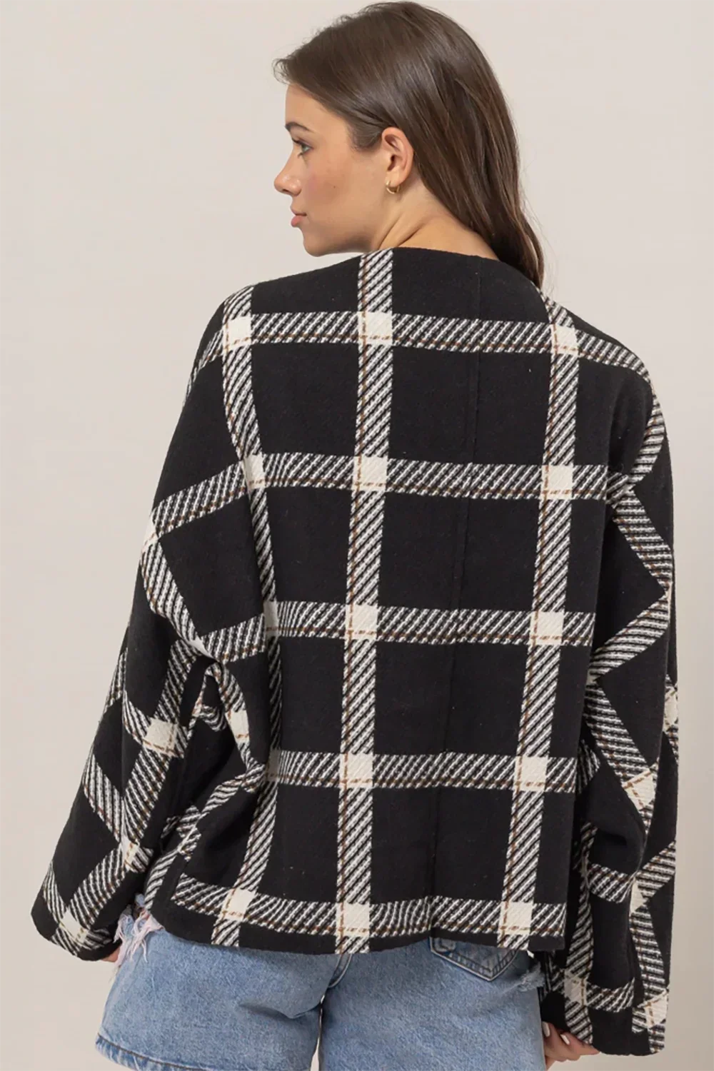 Oversize Plaid Long Sleeve Side Slit Pockets Jacket Shacket