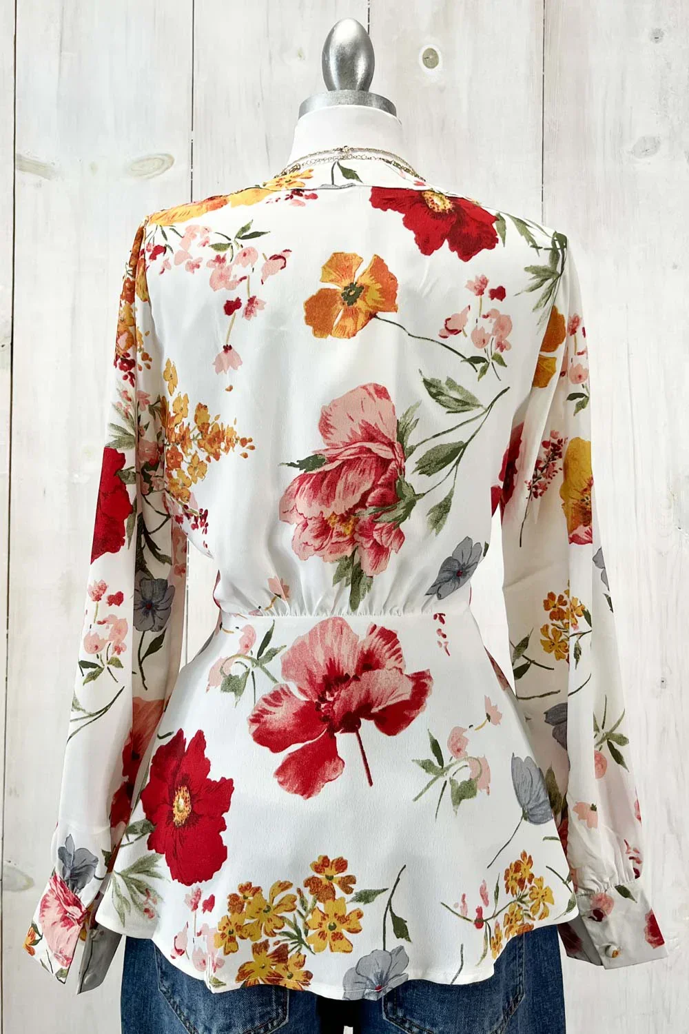 White Floral Print Peplum Top Long Sleeve V-Neck Button Front Blouse