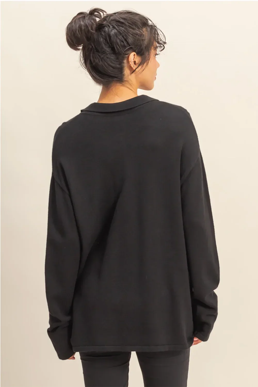 Black Collared Front Pocket Button Down Sweater Shirt Long Sleeve Top