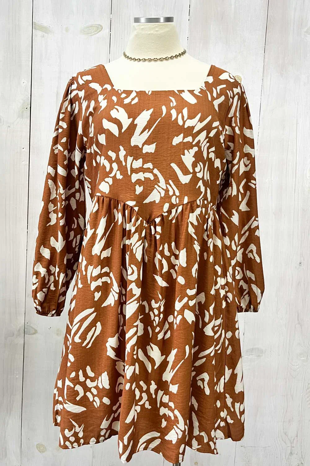 Plus Size Rust Brown Abstract Print Long Sleeve Empire Waist Boho Mini Dress