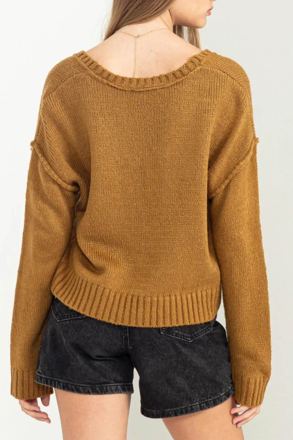 Cropped V-Neck Long Sleeve Soft Knit Cozy Boutique Fashion Sweater