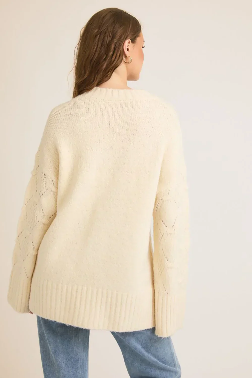 Cozy Cream Cable Knit V Neck Pointelle Ribbed Cuffs Side Slits Sweater