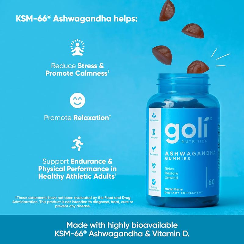 3 Bottles of Goli Ashwagandha & Vitamin D Gummy Mixed Berry, KSM66