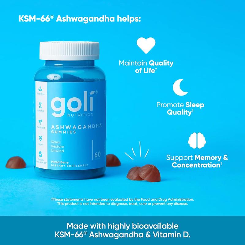 3 Bottles of Goli Ashwagandha & Vitamin D Gummy Mixed Berry, KSM66