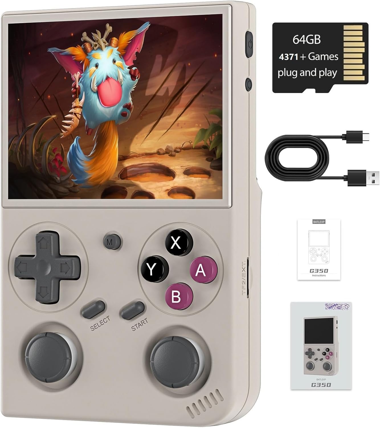 G350 Retro Handheld Game Console , 3.5 Inch IPS Screen Linux System Built-in 64G TF Card 4371 Games Preloaded Handheld Game Console 3200mAh Battery(Gray)