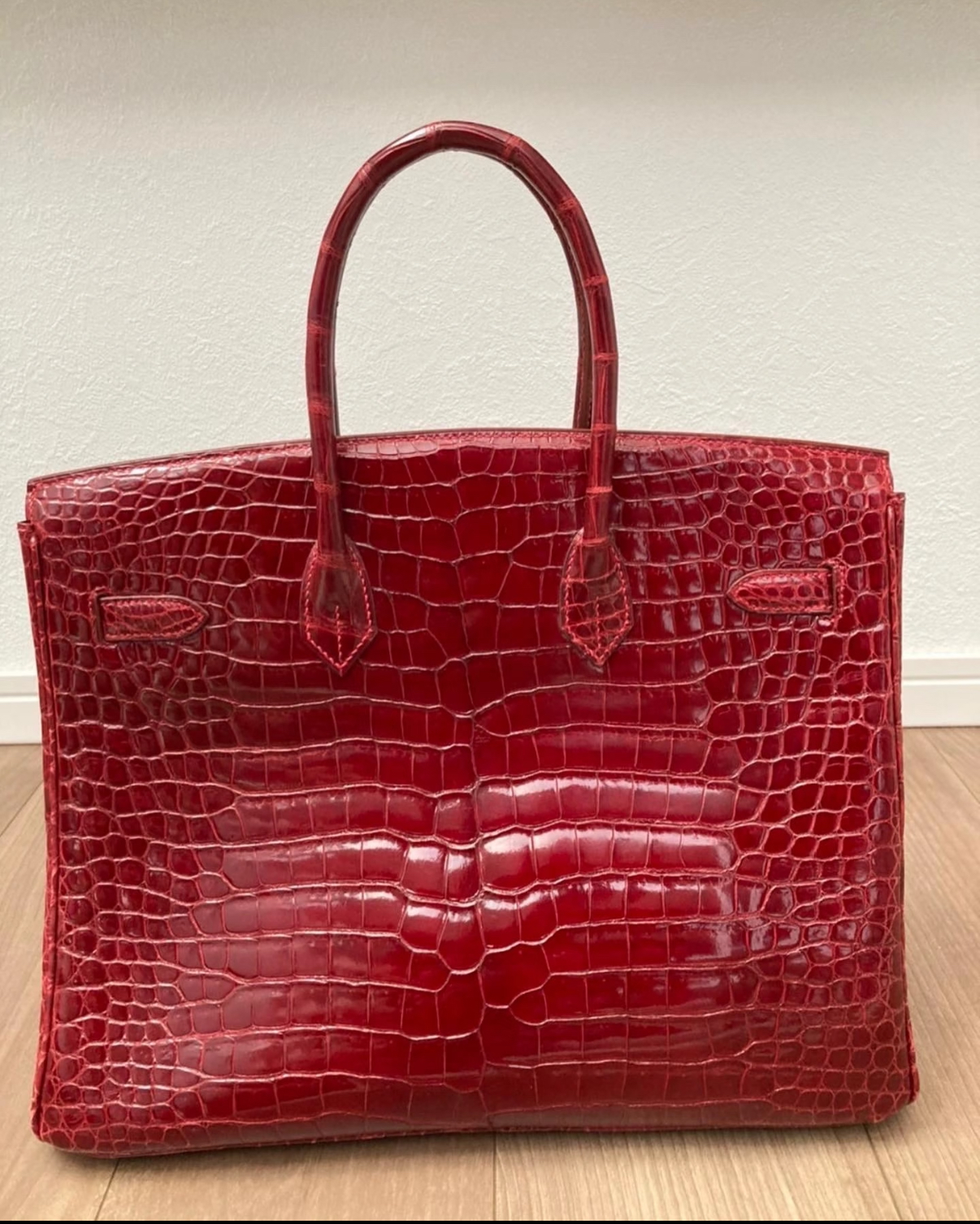 Hermès Birkin 35 inverted V red hand-made custom crocodile leather