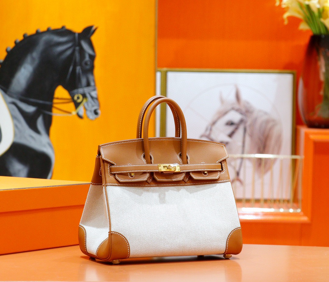 Hermes Birkin gold-brown Swift combination. Original canvas. Gold buttons. Fully hand-sewn. 25cm.