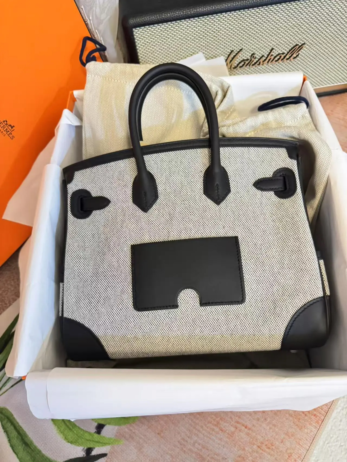 HERMÈS Limited Edition Birkin Cargo 25-35 in Black panda leather and Canvas with Palladium hardware