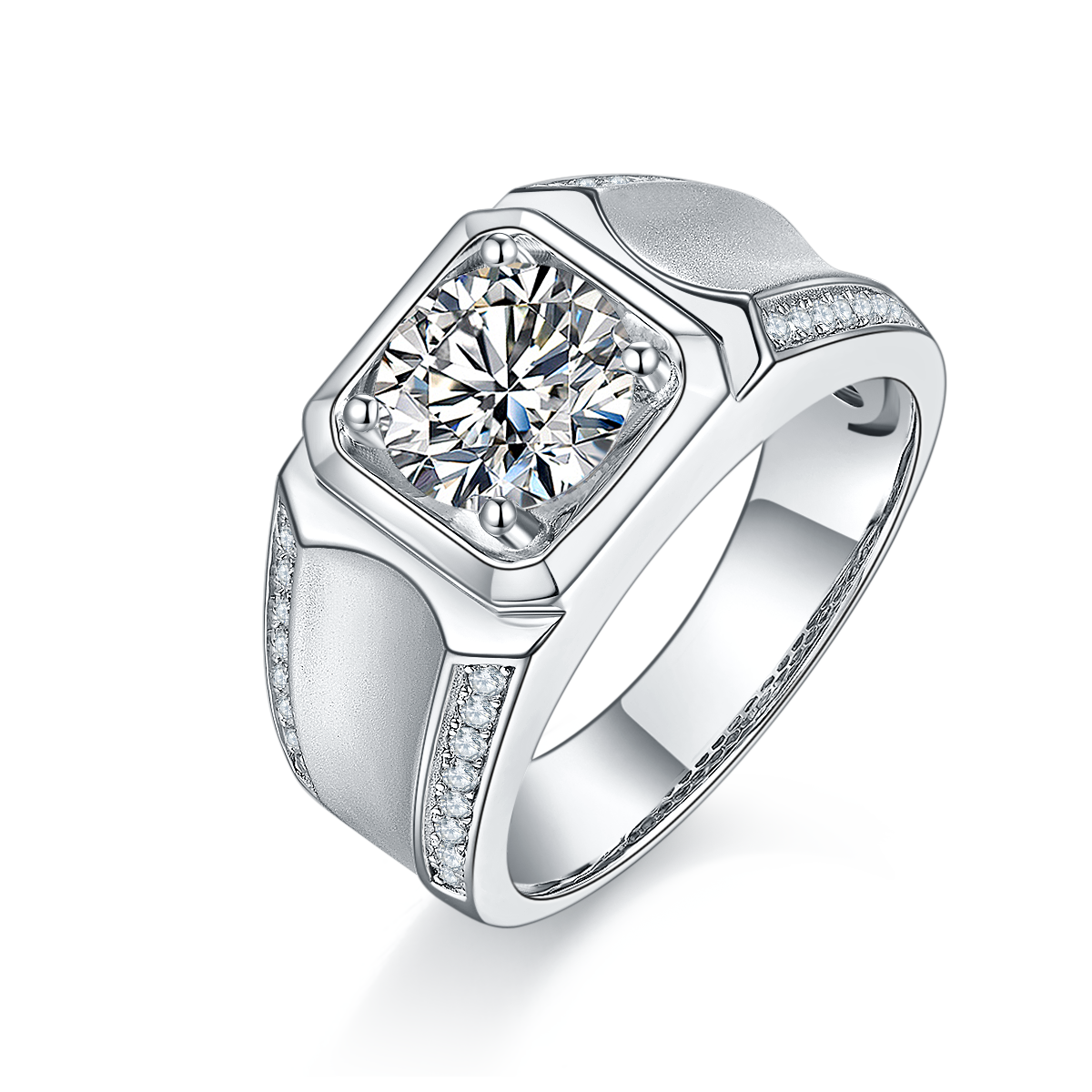 M81B S925 Silver Plated White Gold Moissan Diamond Men's Ring 2 Carat Grade D